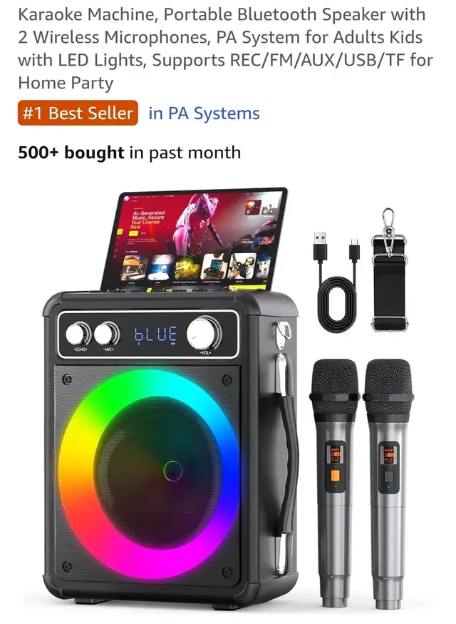 Karaoke Machine, Portable Bluetooth Speaker with 2 Wireless Micr in Speakers in Markham / York Region - Image 2