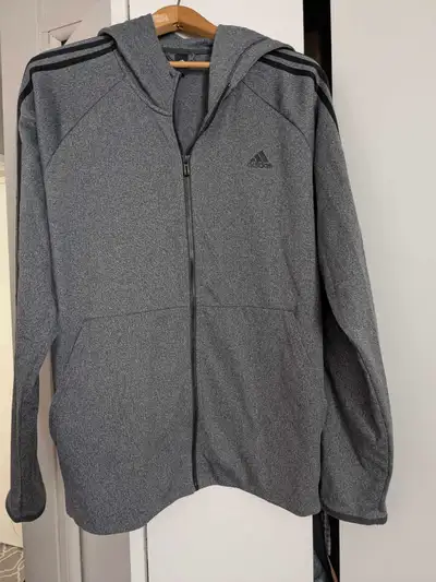 . Men's athletic jacket with zipper, attached hood XXL, gray with black stripe on sleeves, very good...