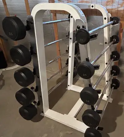 Ensemble de barres de poids (barbell) avec support et bancs, View more