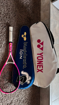 Yonex women’s squash racket, and bags