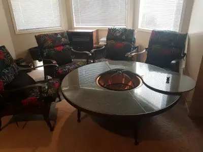 5 Piece Patio Conversation Set with Copper Fire Pit Set Includes: 4 Wicker Cast Aluminum Relaxed Cha...