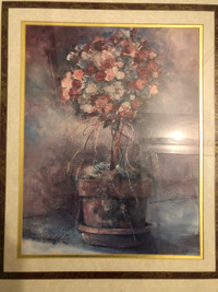 Framed art by Dawna Barton Topiary $45, 23” x 27”, used