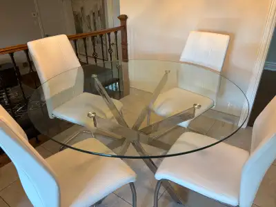 Round glass dining table with 4 chairs, View more