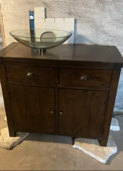Beautiful rustic vanity with moen faucet and water hookups 39 3/8 wide 17 3/4 depth 33 1/2 height