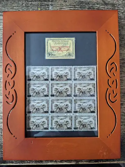 Framed collection of candian airmail Stamps 1926 patricia airways overprint and a block of 12 1932 6...