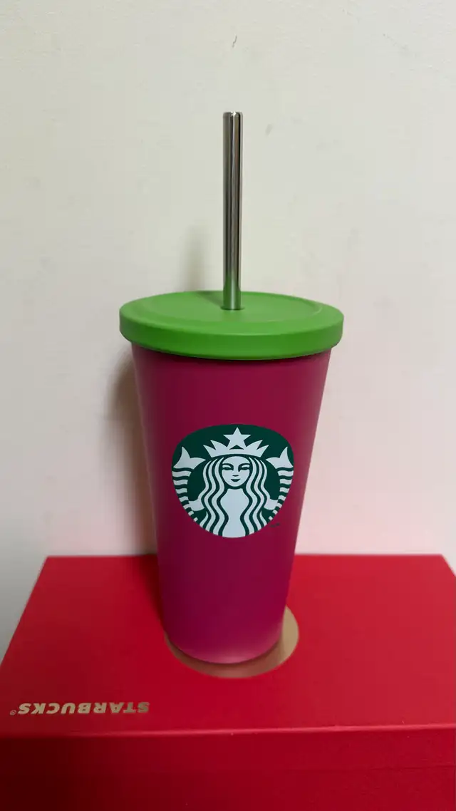 Starbucks Pink Green Stainless Steel Tumbler with Straws