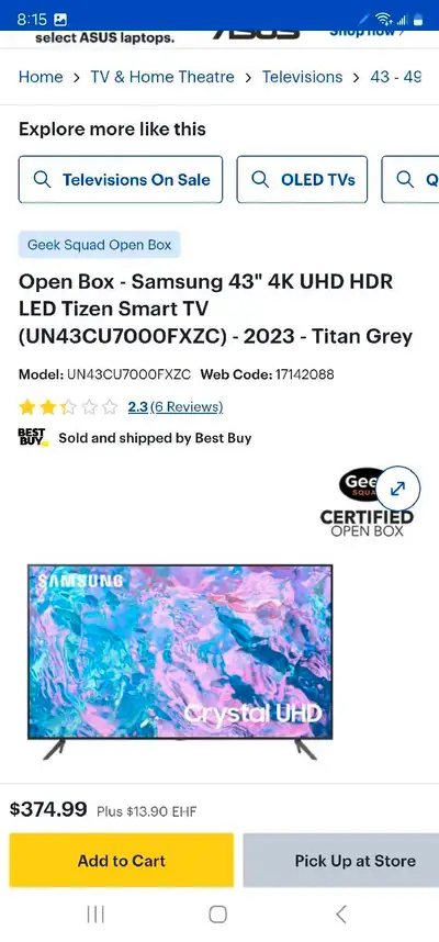 These are all new open box 43" Samsung 4k Crystal UHD smart tv's that are available. These tv's come...