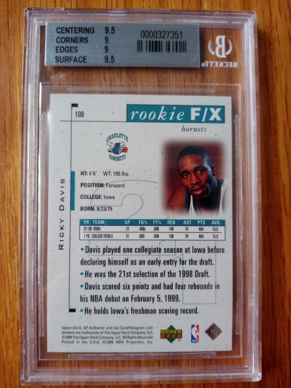 Ricky Davis Rookie F/X /3500 BGS 9 1998-99 SP Authentic #109 RC in Arts & Collectibles in St. Catharines - Image 3