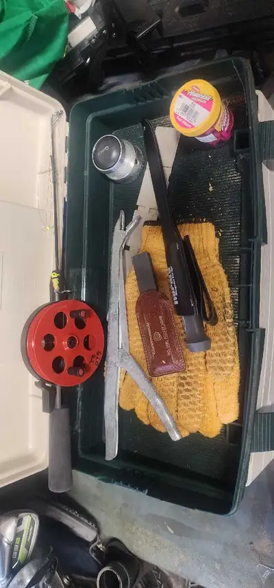 large ice fishing box with rod, hooks and accessories , View more