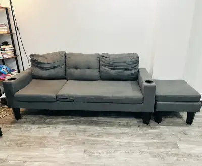 Grey Fabric Sofa with Ottoman and Cup Holders, View more
