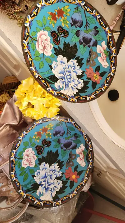 2 cloisonne chargers / plates Chinese antiques., View more