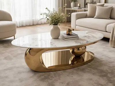 Oval White Marble Coffee Table with Gold Base, View more