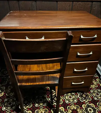 Vintage Wooden Desk and Chair Four Drawers Desk Dimensions: 32” Length x 20” Depth x 30” Height Good...