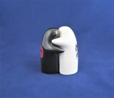 Black and white ceramic hugging ghost salt and pepper shakers. 3.5 inches tall. New.