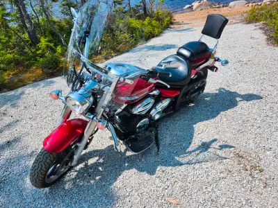 Practically brand new, less than 3000 km. In mint condition. Includes sissy bar and detachable winds...