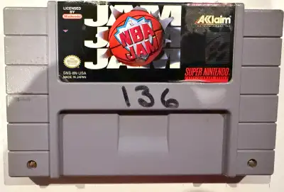 SNES NBA Jam game cartridge, View more