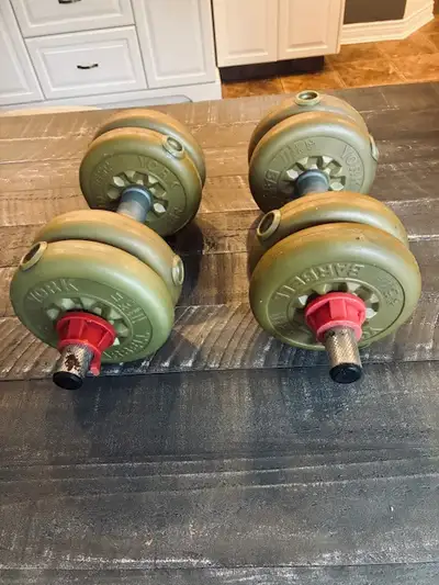 Pair of "York Barbell" adjustable dumbells, View more