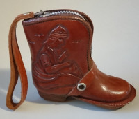 Vintage Mini Leather Cowboy Boot Figural Zippered  Change Holder