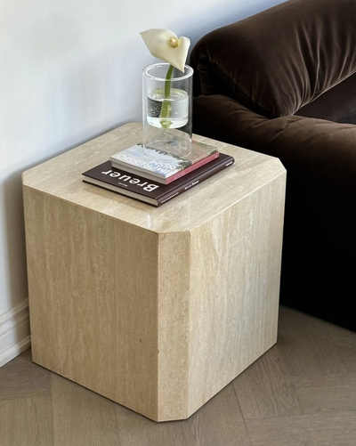 2 Italian Travertine Octagonal Cube Post Modern side end table, View more