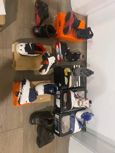 9 Pairs of toddler sized sneakers. Prices and sizes below: Jordan Cool Grey 4 (2004) 2c $30 Jordan B...