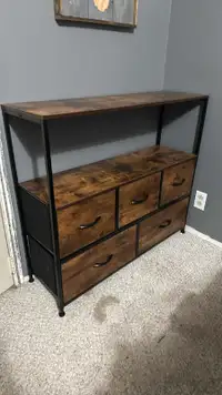 Brand new (still in box) 5 fabric dresser/tv stand, rustic brown