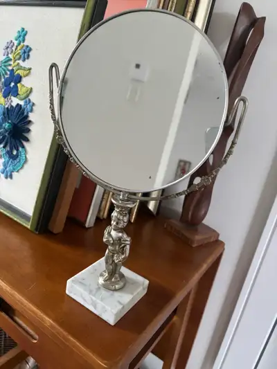 Antique Mid Century Marble Base Vanity Round Mirror, View more