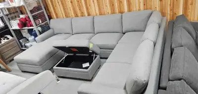 4Pc - Sectional with Chaise and Storage Ottoman in Grey, View more