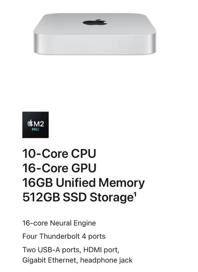 Mac Mini M2 Pro (16GB Ram, 512Gb SDD, 2023)  Hello selling my Mac mini M2Pro due to an upgrade. Flaw...