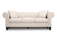DESIGNER LINEN ROLLED ARMS CHESTERFIELD SOFA FREE DELIVERY.