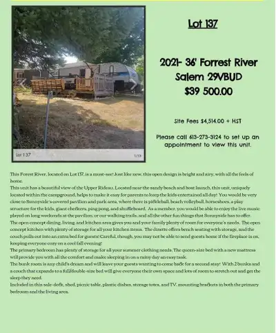 This unit is on a Seasonal camp site between westport and Newboro Ontario. Yearly Site Fees $4,514.0...