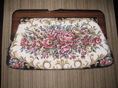 T63 Vintage 60’s White Tapestry Clutch Purse  Lucite Handle, View more