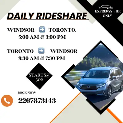 9:30 am & 7:30 pm Toronto to windsor daily Rideshare , View more