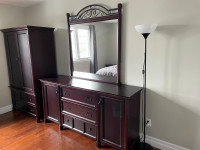 Dresser with mirror, armoire (two pieces) and two side tables