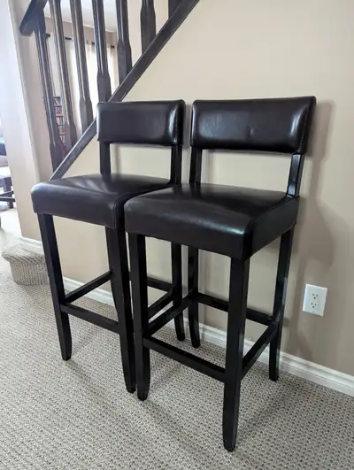Dark Wood Bar Stools w/ Leather Seats (Set of 2), View more