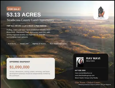 53.13 Acres Near Edmonton – Subdivision Potential Build your custom farm house with a shop close to...