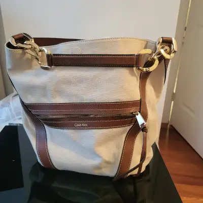 Calvin Klein Oatmeal Canvas Brown Trim Shoulder Hobo Bag, View more