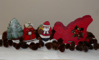 Christmas Santa with Sleigh, Mrs. Clause, Mini Pinecones, Tree