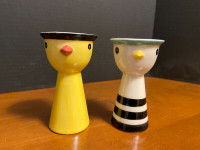 Vintage Glazed Ceramic Two Chicken Design Egg Holders Cups