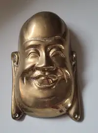 Vintage Heavy Solid Brass Laughing Buddha Wall Hanger Statue