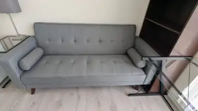 Modern Grey Futon Sofa Bed / Convertible Couch + Bolster Pillows, View more