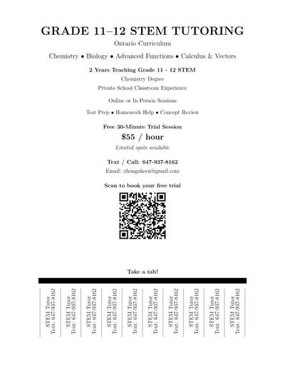 Experienced Grade 11–12 tutor offering help with: • Advanced Functions • Calculus & Vectors • Chemis...