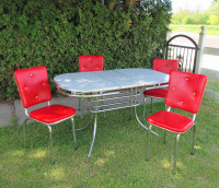 Vintage 50's Red Chrome Kitchen Table Chairs Set WW II