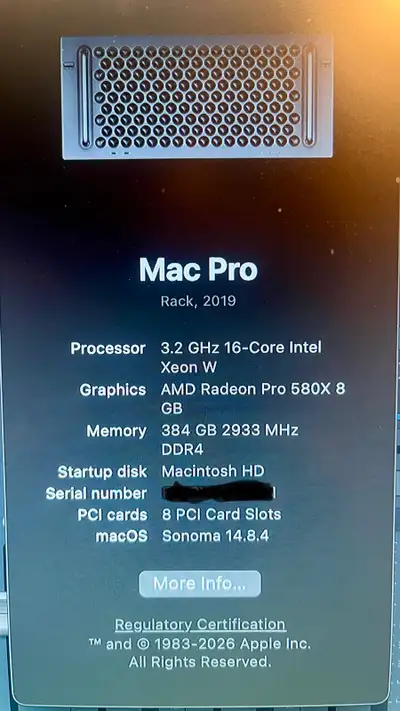 Mac Pro 2019 Intel 16 cores 384GB RAM, View more