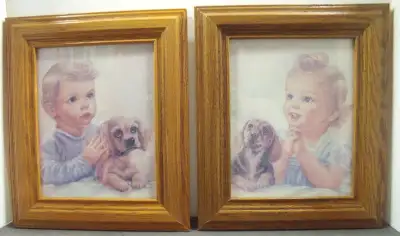 2 KIDS PICTURES IN WOOD FRAMES (BOY & GIRL WITH PUPPY), View more