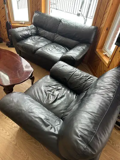 Black Genuine Leather Sofa Love seat & Chair (CAN DELIVER), View more