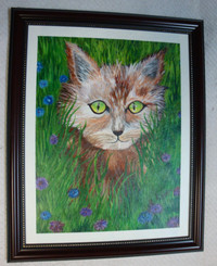 Acrylic painting, Green Eyed Cat in Meadow Grass