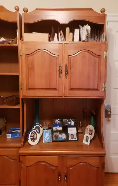 Solid pine bookshelf with doors and drawers, View more
