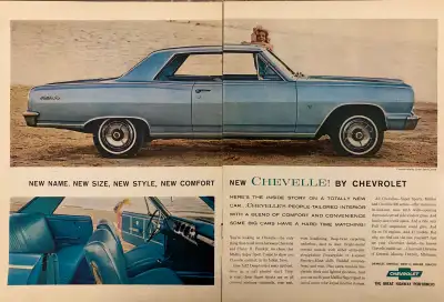 “New name, new size, new style, new comfort New Chevelle! by Chevrolet. “ Dimensions : 10 1/4 inches...