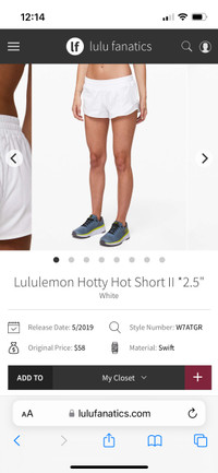 Lululemon Hotty Hot Shorts II 2.5” size 6 white