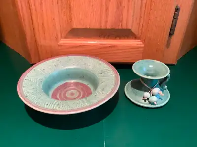 Hd Crafted Signed Pottery Bowl & Candle Holder from Gaspe Coast, View more